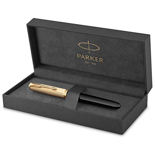 Parker 51 Deluxe Füller | Luxuriöser Schwarzer Schaft mit Goldzierteilen | Füllfederhalter Mittlere Spitze in 18k Gold mit Schwarzer Tintenpatrone | Geschenkbox von PARKER