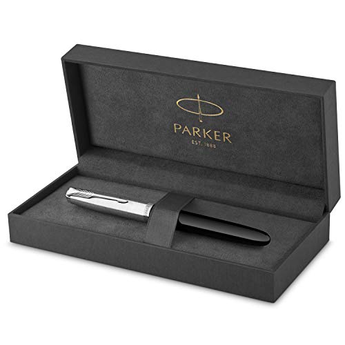 Parker 51 Füller | Schwarzer Schaft mit Chromfarbenen Zierteilen | Füllfederhalter mit feiner Feder und Schwarzer Tintenpatrone | Geschenkbox von PARKER