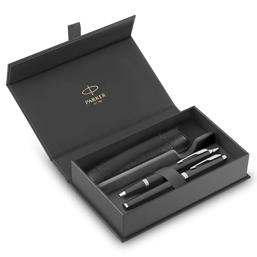 Parker IM Duo Stift-Geschenkset | Füller, Kugelschreiber & Etui | Schwarze Lackierung mit Chromverzierungen | Mittlere Spitze | Blaue Tinte | Perfekte Geschenke zum Schulabschluss von PARKER