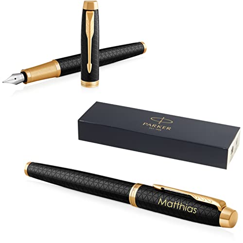 PARKER IM Premium Füllfederhalter mit Gravur | Premium Stift | Geschenkbox | blaue Tinte | personalisiertes Geschenk | Namen | graviert | Füller | Geburtstag (Black/Gold G.C.) von PARKER