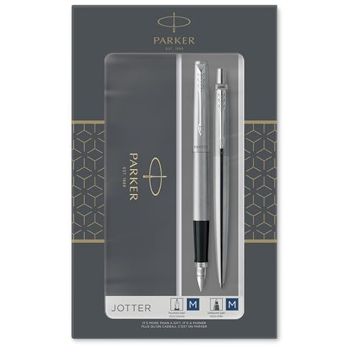 Parker Jotter Duo-Geschenkset mit Kugelschreiber und Füller | Edelstahl mit Chromzierteilen | Nachfüllmine und -patronen mit blauer Tinte | Geschenkbox von PARKER