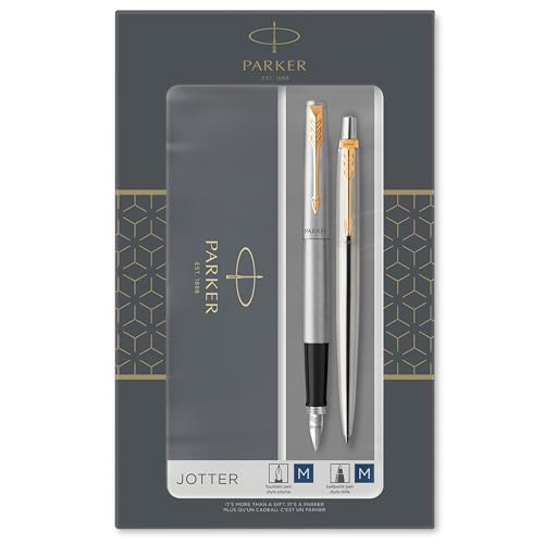 Parker Jotter Duo-Geschenkset mit Kugelschreiber und Füller | Edelstahl mit Goldzierteilen | Nachfüllmine und -patronen mit blauer Tinte | Geschenkbox von PARKER