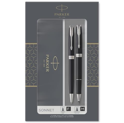 Parker Sonnet Duo-Geschenkset mit Kugelschreiber und Rollerball Tintenroller, Hochglänzend Schwarz mit Chromzierteilen, Nachfüllmine und -patrone mit schwarzer Tinte, Geschenkbox von PARKER