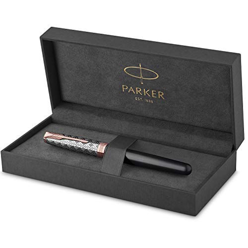 Parker Sonnet Füller , Premium Metal & Grey Satinierung mit Rotgoldbeschichtung , Füllfederhalter Feine 18 Karat Goldfeder mit schwarzer Tintenpatrone , Geschenkbox von PARKER