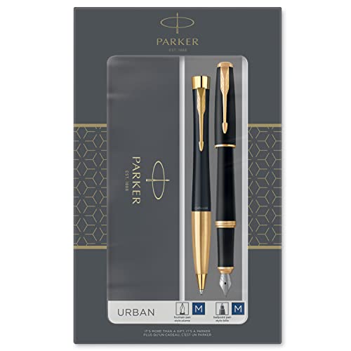 Parker Urban Duo-Geschenkset mit Kugelschreiber und Füllfederhalter, Muted Black mit Goldzierteilen, Nachfüllmine und -patrone mit blauer Tinte, Geschenkbox von PARKER