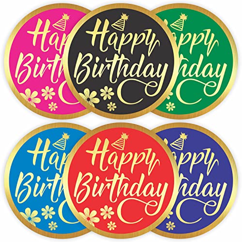 Happy Birthday Aufkleber Siegel Etiketten (120 Stück) 5,1 cm große, runde Goldfolie Prägung auf schwarz für Karten, Geschenke, Umschläge, Schachteln von PARTH IMPEX