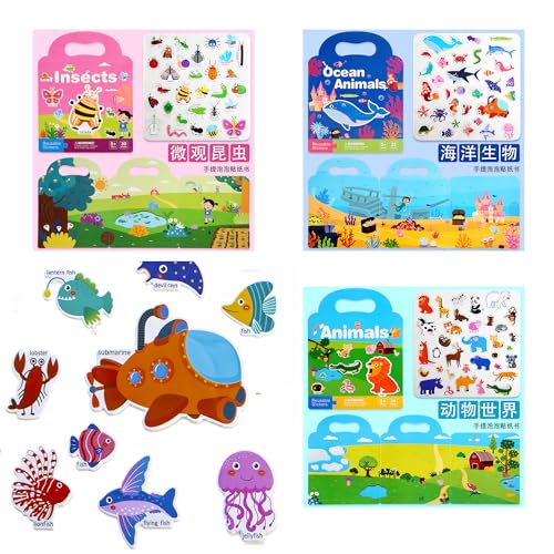 3 Bücher mit wiederverwendbaren 3D-Aufklebern für Kinder, 90+ dreidimensionale Aufkleber, Puffy Stickers, einfach zu bedienen (Tiere) von PARTITUKI