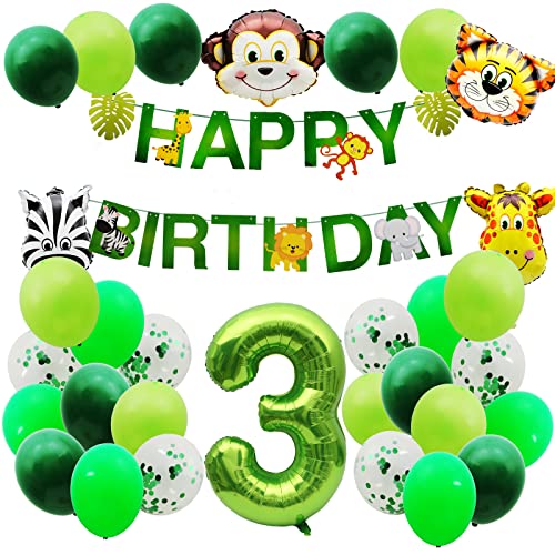 3 Jahre Dschungel, Geburtstagsdekoration, Riesen Luftballon Zahl 3 & Luftballon Tier Grün & Happy Birthday Dekoration von PARTY GO
