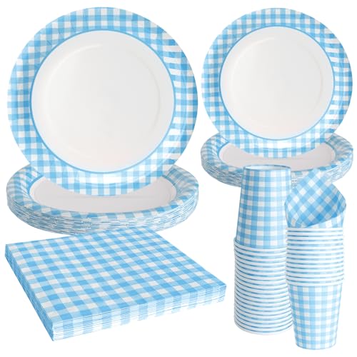 96 Stück Blau-weiß Schachbrettmuster-Party-Papiergeschirr enthält Teller Tassen Servietten Sweet Party Ideal für Geburtstage und andere Partys und Feiern von PARTY GO