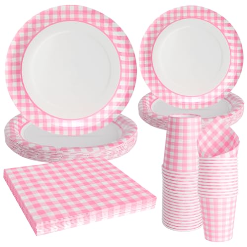 96 Stück Rose-weiß Schachbrettmuster-Party-Papiergeschirr enthält Teller Tassen Servietten Sweet Party Ideal für Geburtstage und andere Partys und Feiern von PARTY GO