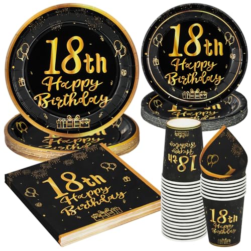 96 Stück Schwarz und Gold Geburtstag Party Geschirr Set für 24 Gäste - 18th Pappteller Set für Kinder Tischdekoration 96 Stück Schwarz und Gold Geburtstag Party Geschirr Set für 24 Gäste - 18th Pappteller Set für Kinder Tischdekoration von PARTY GO