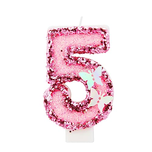 Geburtstagskerzen Rosa Schmetterling Glitzernde Zahlenkerze nummer Kerzen, Kuchen-Dekoration für Geburtstag, Party, Hochzeit Jahrestag - Nummer 5 von PARTY GO