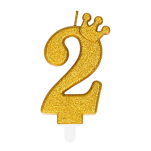 Niedliche Gold Geburtstagskerzen mit Krone, einzigartige Geburtstagskerzen Zahlen 2 für Frau Mädchen von PARTY GO