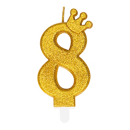 Niedliche Gold Geburtstagskerzen mit Krone, einzigartige Geburtstagskerzen Zahlen 8 für Frau Mädchen von PARTY GO