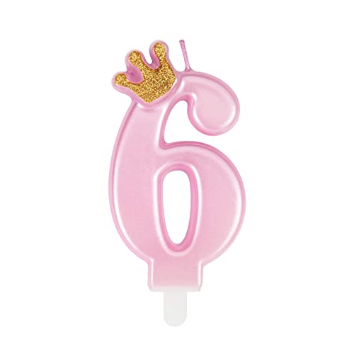 Niedliche rosa Geburtstagskerzen mit Krone, einzigartige Geburtstagskerzen Zahlen 6 für Frau Mädchen von PARTY GO