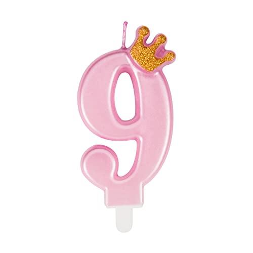 Niedliche rosa Geburtstagskerzen mit Krone, einzigartige Geburtstagskerzen Zahlen 9 für Frau Mädchen von PARTY GO
