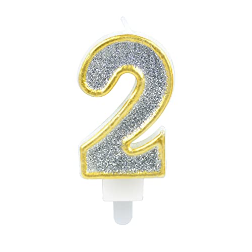 Nummer 2 Geburtstagskerze Silber mit Glitzer – Mit Goldenem Rand Tortendekoration für Kinder, Erwachsene,Geburtstagsfeier, Jubiläum, Meilensteinzeitalter von PARTY GO