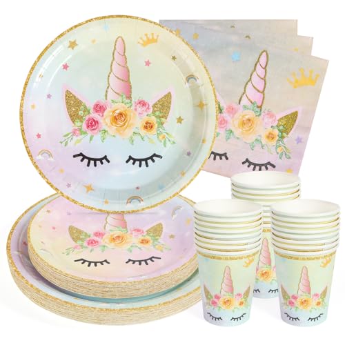PARTY GO 100 Stück Einhorn Partygeschirr Set, Einhorn Thema Papier Teller, Dessertteller, Servietten, Tassen für Mädchen Geburtstag Party Dekorationen, für 25 Gäste PARTY GO 100 Stück Einhorn Partygeschirr Set, Einhorn Thema Papier Teller, Dessertteller, Servietten, Tassen für Mädchen Geburtstag Party Dekorationen, für 25 Gäste von PARTY GO