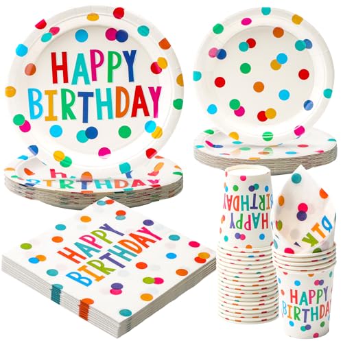 PARTY GO 100 Stück Gepunktet Partygeschirr Set (25 Personen), Einweg Pappteller Pappbecher Papierstrohhalme Servietten, Partygeschirr für Kindergeburtstage, Jungen/Mädchengeburtstage von PARTY GO