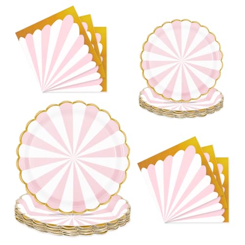 PARTY GO 16Pcs 9“ Pappteller 16Pcs 7'' Pappteller 24Pcs Servietten für Abendessen und Dessert für Graduierung Urlaub Hochzeit Geburtstag Party Baby Dusche Dekoration Rosa von PARTY GO