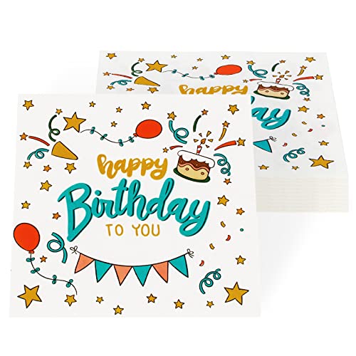 PARTY GO 40 Stück Happy Birthday Servietten, buntes Papierbesteck für Kindergeburtstag 33 * 33CM von PARTY GO