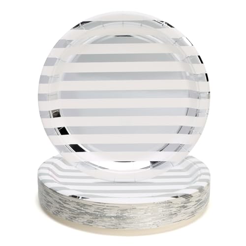 PARTY GO 50 Pcs 9" 23cm Silber gestreiften Party Pappteller für Jungen Mädchen Kinder Geburtstag Party für 50 Gäste von PARTY GO