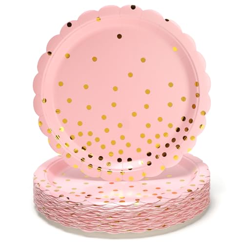 PARTY GO 50Pcs 9" 23cm Rosa gewellte Rand Plain Polka Dot Pappteller Set für Abendessen und Dessert Great for Graduations, Feiertage, Hochzeiten, Geburtstagsfeiern, Baby Shower Dekorationen von PARTY GO