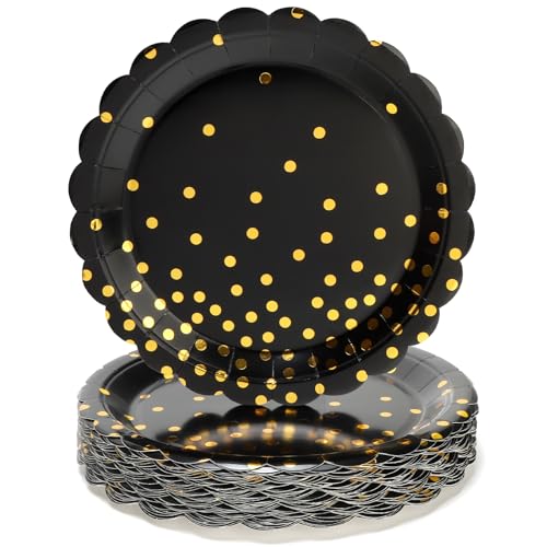 PARTY GO 50Pcs 9" 23cm Schwarzer Pappteller mit gewelltem Rand für Abendessen und Dessert Großartig für Graduierungen, Feiertage, Hochzeiten, Geburtstagsfeiern, Baby Shower Dekorationen von PARTY GO