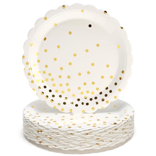 PARTY GO 50Pcs 9" 23cm Weißer Pappteller mit gewelltem Rand für Abendessen und Dessert Großartig für Graduierungen, Feiertage, Hochzeiten, Geburtstagsfeiern, Baby Shower Dekorationen von PARTY GO