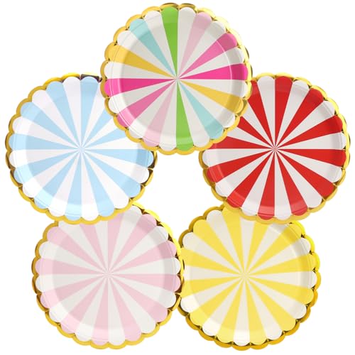 PARTY GO 50pcs 9" Multi-farbigen Pappteller für Abendessen und Desserts für Graduierung, Feiertage, Hochzeiten, Geburtstagsfeiern, Baby-Taufe Dekorationen (Regenbogen rot, gelb, blau, rosa) von PARTY GO
