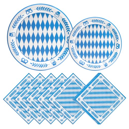 PARTY GO 75 Stück Oktoberfest Teller Pappteller Oktoberfest Servietten Party Dekoration Zubehör Blau Weiß Deko mit Rautenmuster – Tischdeko Oktoberfest & Wiesn Party Dekoration Zubehör von PARTY GO