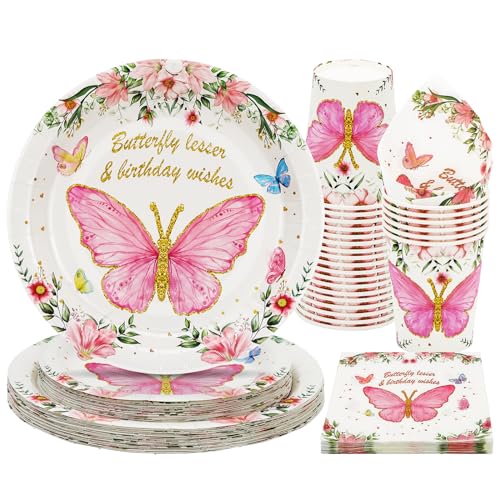 PARTY GO 96 Stück Schmetterling Party Geschirr Set Schmetterling Einwegpapier Teller Servietten Tassen für Schmetterling Party Dekoration Teller Set servieren 24 Gäste von PARTY GO