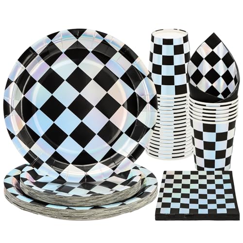 PARTY GO 96pcs Checkerboard Party Geschirr Set Checkered Race Car Party Supplies mit Pappteller Tassen und Servietten für Sport Themed Geburtstag Baby Dusche Party Dekorationen von PARTY GO