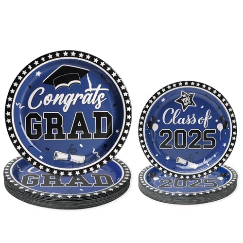 PARTY GO Partygeschirr 50 Stück, Graduation Blau Pappteller Set inklusive 25pcs 23cm Essteller und 25pcs 18cm Dessertteller, Grad Cap Design für 2025 Graduation Party für 25 Gäste von PARTY GO