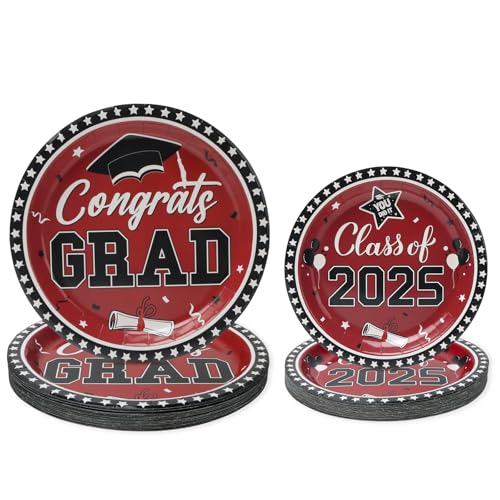 PARTY GO Partygeschirr 50 Stück, Graduation Rot Pappteller Set inklusive 25pcs 23cm Essteller und 25pcs 18cm Dessertteller, Grad Cap Design für 2025 Graduation Party für 25 Gäste von PARTY GO