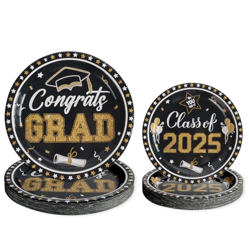 PARTY GO Partygeschirr 50 Stück, Graduation Schwarz Pappteller Set inklusive 25pcs 23cm Essteller und 25pcs 18cm Dessertteller, Grad Cap Design für 2025 Graduation Party für 25 Gäste von PARTY GO