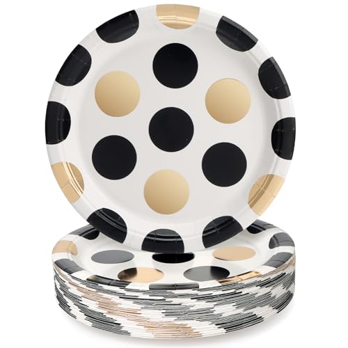 PARTY GO Partygeschirr 50 Stück, Polka Schwarz Gold Pappteller Kindergeburtstag, Partygeschirr Set 23cm Pappteller, Pappgeschirr für 50 Gäste für Geburtstagsdeko Junge Mädchen Partys PARTY GO Partygeschirr 50 Stück, Polka Schwarz Gold Pappteller Kindergeburtstag, Partygeschirr Set 23cm Pappteller, Pappgeschirr für 50 Gäste für Geburtstagsdeko Junge Mädchen Partys von PARTY GO