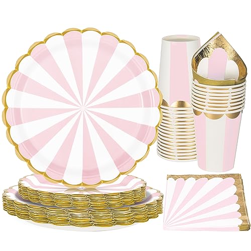 PARTY GO Partygeschirr Set, 96 Stück Thema Partygeschirr Set, Rosa und weiß gestreift Zirkus Thema Geburtstag Geschirr, Zirkus Party Zubehör (24 Gäste) von PARTY GO