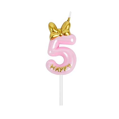 Rosa Mädchen Geburtstagskerzen mit Goldenem Krawatte, Kuchen-Dekoration für Geburtstagsfeier, nummer 5 von PARTY GO
