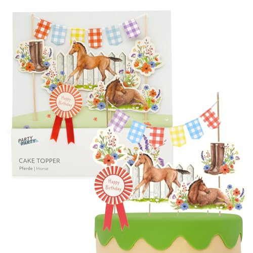 PARTY PARTY Pferde Tortendeko mit Wimpelkette, Pferde Cake Topper Set 4 Teile aus Papier, Deko Pferde Geburtstag, Mädchen von PARTY PARTY
