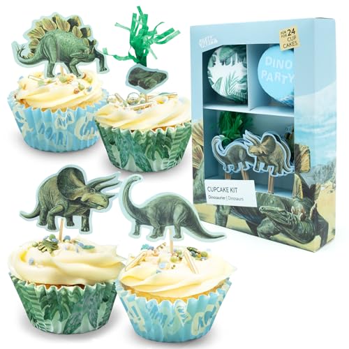PARTY PARTY 48-teiliges Cupcake Set Dinosaurier für 24 Cupcakes, Förmchen & Topper aus Papier, ideal bei Kindergeburtstag, Mottoparty von PARTY PARTY