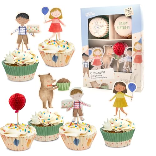 PARTY PARTY 48 Teile Set Kindergeburtstag CUPCAKE TOPPER + MUFFINFÖRMCHEN Papier, Vintage Stil, bunte Muffin Deko Picks Geburtstag Kinder, Hase Bär, Kleinkind Waldtier Geburtstag Jungen Mädchen von PARTY PARTY