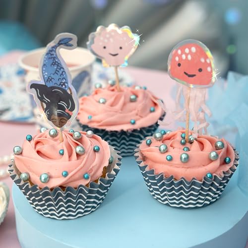 PARTY PARTY 48 Teile Set glitzernde Meerjungfrau CUPCAKE TOPPER + MUFFINFÖRMCHEN Papier, schimmernde Muscheln, Tasseln Mermaid Kindergeburtstag Meerjungfrau Geburtstag Deko von PARTY PARTY