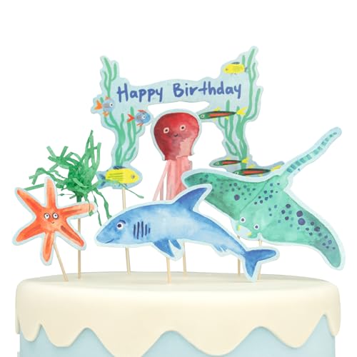 PARTY PARTY Unterwasser Tortendeko mit HAPPY BIRTHDAY Banner, Meerestiere Cake-Topper-Set 6 Teile, Kuchendeko Fische Deko Ozean Geburtstag, Mädchen Junge von PARTY PARTY