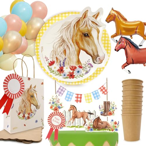 PARTY PARTY 66 Teile Pferde Geburtstag Set Gelb 8 Kinder, GESCHENKTÜTEN + PARTYGESCHIRR + CAKETOPPER + BALLONS, Geburtstag Pferde Deko, Pferdegeburtstag, Mädchen von PARTY PARTY