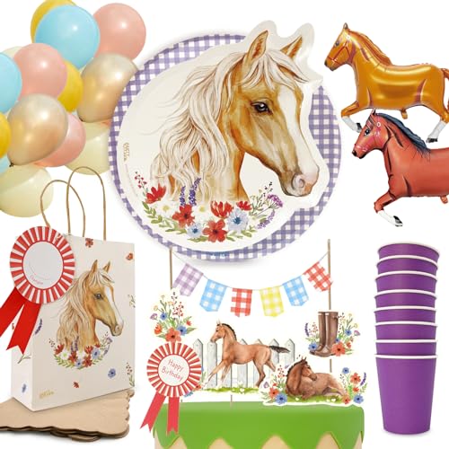 PARTY PARTY 66 Teile Pferde Geburtstag Set Lila 8 Kinder, GESCHENKTÜTEN + PARTYGESCHIRR + CAKETOPPER + BALLONS, Geburtstag Pferde Deko, Pferdegeburtstag, Mädchen von PARTY PARTY