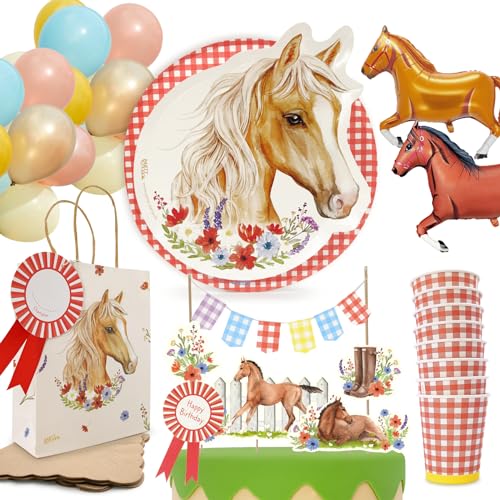 PARTY PARTY 66 Teile Pferde Geburtstag Set Rot 8 Kinder, GESCHENKTÜTEN + PARTYGESCHIRR + CAKETOPPER + BALLONS, Geburtstag Pferde Deko, Pferdegeburtstag, Mädchen von PARTY PARTY
