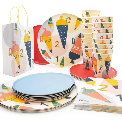 PARTY PARTY 80 Teile Einschulung Deko Set Geschirr + GESCHENKTÜTEN Schulanfang 16 Gäste (Pappbecher, Pappteller, Dessertteller, Servietten, Bunte Schultüten) Zuckertüte, ABC Schulkind Jungen Mädchen von PARTY PARTY