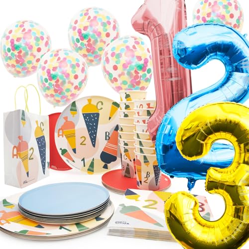 PARTY PARTY 88 Teile Einschulung Deko Set GESCHIRR + GESCHENKTÜTEN + BALLONS Schulanfang 16 Gäste (Becher, Teller, Servietten, Schultüten, Luftballons) Zuckertüte, ABC Schulkind Jungen Mädchen von PARTY PARTY