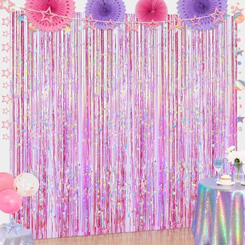 4 Packungen rosa Folien-Fransenvorhang mit 1 Stück rotgoldener Sterngirlande, schillernde Party-Dekorationen, rosa Glitzer-Metallic-Lametta-Hintergrund für Geburtstag, Hochzeit, Einhorn von PARTY TONIGHT